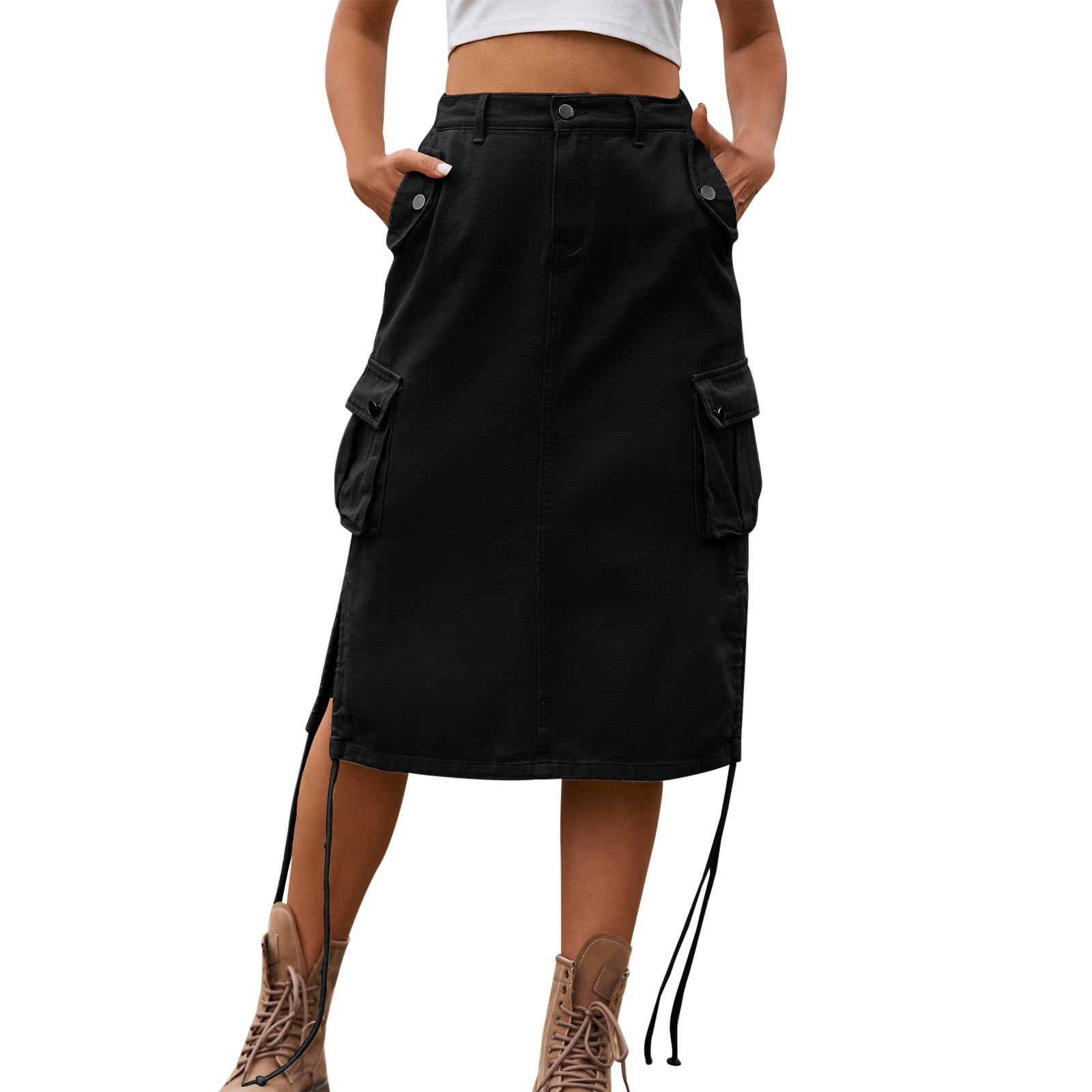 Falda midi con cordones de denim para mujer: informal, de longitud media, corte A, versátil para primavera/otoño